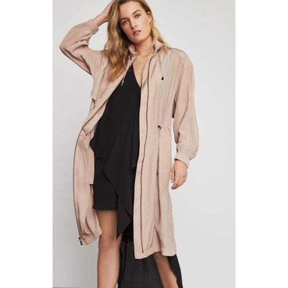 BCBGMAXAZRIA Quinn Long Trench Coat Full Zip Drawstring Jacket Cinch Waist Pink - Picture 1 of 13